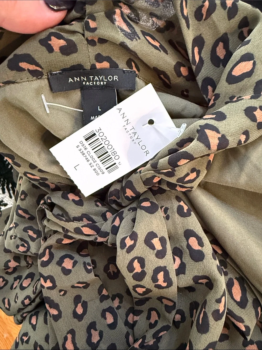 Ann Taylor Factory Tie-Neck Long Sleeve Leopard Print Dress - Olive Green